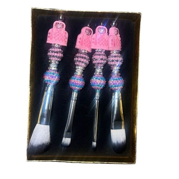 4pc Bling Beaded Handle Makeup Brush Set Pink Handbag Charm Travel Face Eyes - Picture 1 of 2